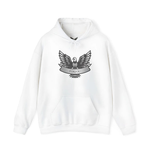 Men's and women's solid colour cotton blend hoodie with hood and long sleeves, shown in white.