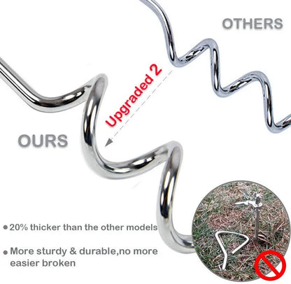 Silver spiral screw dog tie out stake for secure outdoor tethering on grass