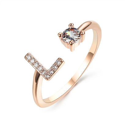 Personalized Initial Letter Adjustable Ring made of copper alloy and zircon, showcasing a vintage-inspired design