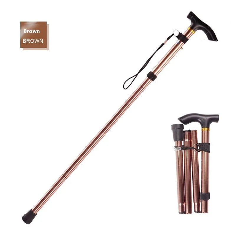 Aluminium alloy folding cane extended to 95 cm with non-slip rubber tip, showing adjustable height mechanism