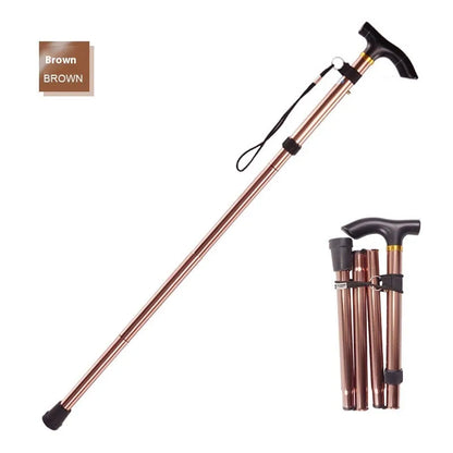 Aluminium alloy folding cane extended to 95 cm with non-slip rubber tip, showing adjustable height mechanism