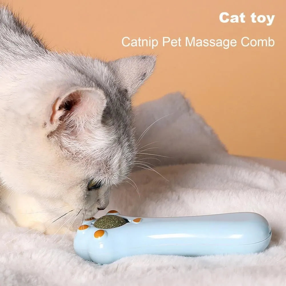 Blue cat grooming comb with rounded teeth and dental cleaning elements, measuring 13.5cm long