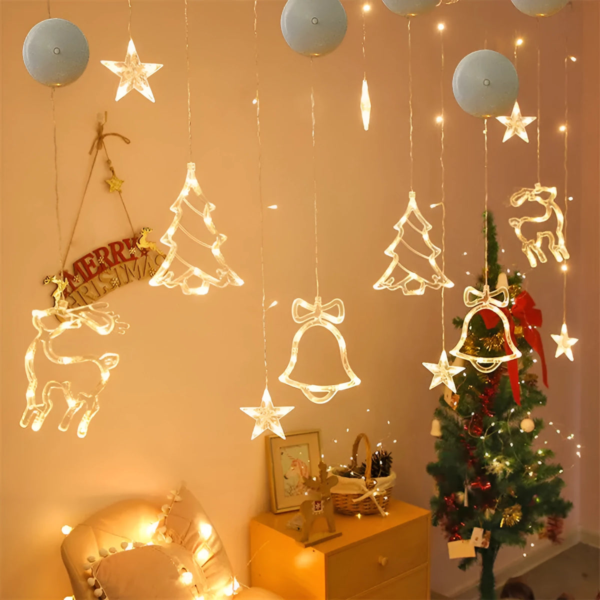 Battery-powered LED Christmas decorative light with suction cups in Santa Claus, elk, and snowman shapes