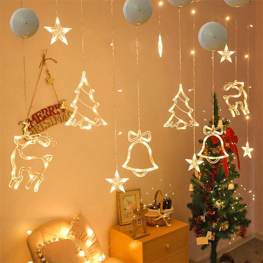 Decorative battery-powered LED chandelier lights with holiday-themed designs like Santa, snowmen, and stars