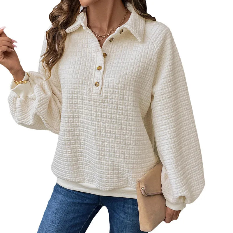 Women's texture polo collar solid colour thickened sweater in Milky White, showing long sleeves and pullover design