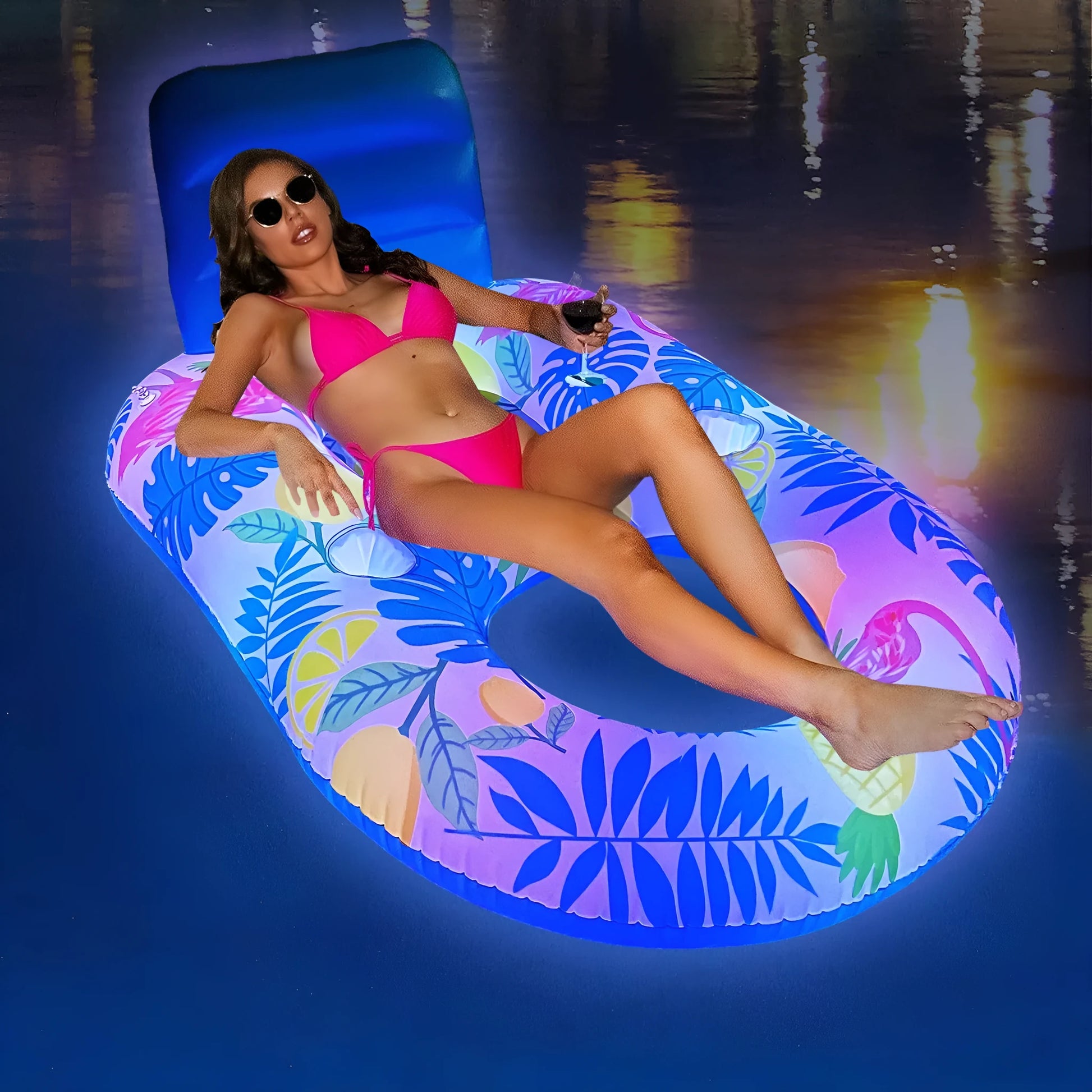 Large white inflatable pool floating bed with integrated backrest recliner on blue water