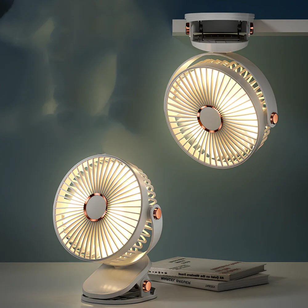 White USB clip fan with clip attachment showing 6-inch blades and control button