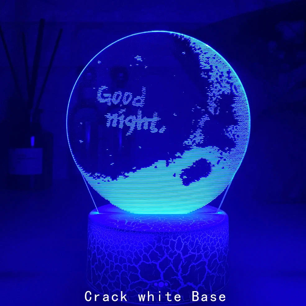 Creative 3D LED bedside night light with 4mm acrylic shade, touch switch, and USB cable on black ABS base