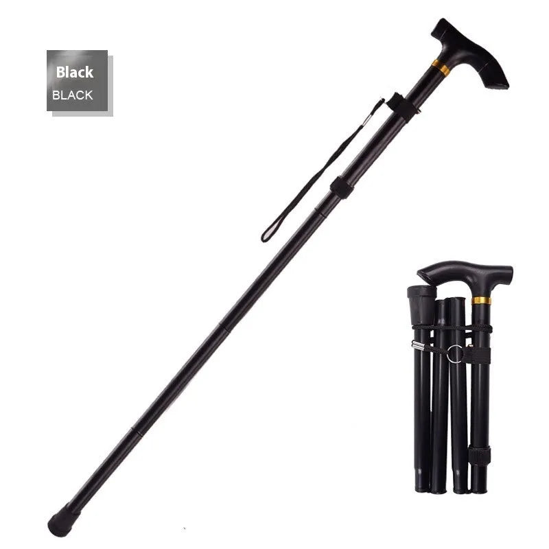 Aluminium alloy folding cane extended to 95 cm with non-slip rubber tip, showing adjustable height mechanism