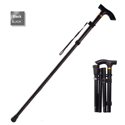 Aluminium alloy folding cane extended to 95 cm with non-slip rubber tip, showing adjustable height mechanism