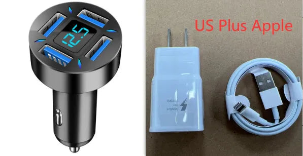 Four-port USB car charger with LED digital display showing voltage, compact black design for vehicle power socket