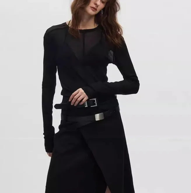 Black mesh see-through texture slim-fit long sleeve women's pullover on a hanger