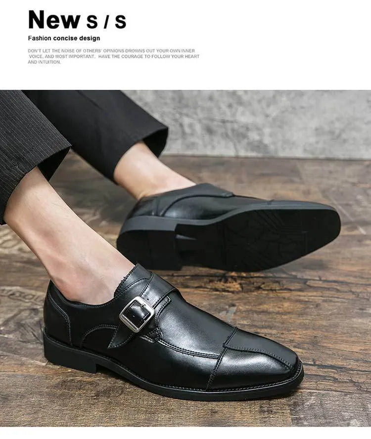 Men's brown blue and black retro buckle casual leather shoes in British style.