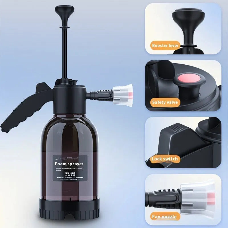 Black 2-litre hand-held foam sprayer with pump handle and two nozzles for car washing and gardening.