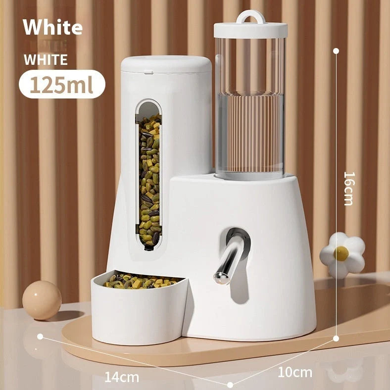 White hamster automatic water feeder with integrated food basin showing separate compartments