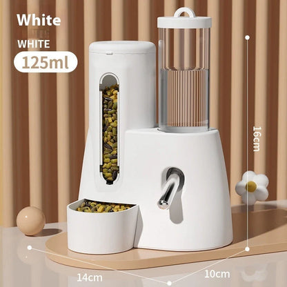 White hamster automatic water feeder with integrated food basin showing separate compartments