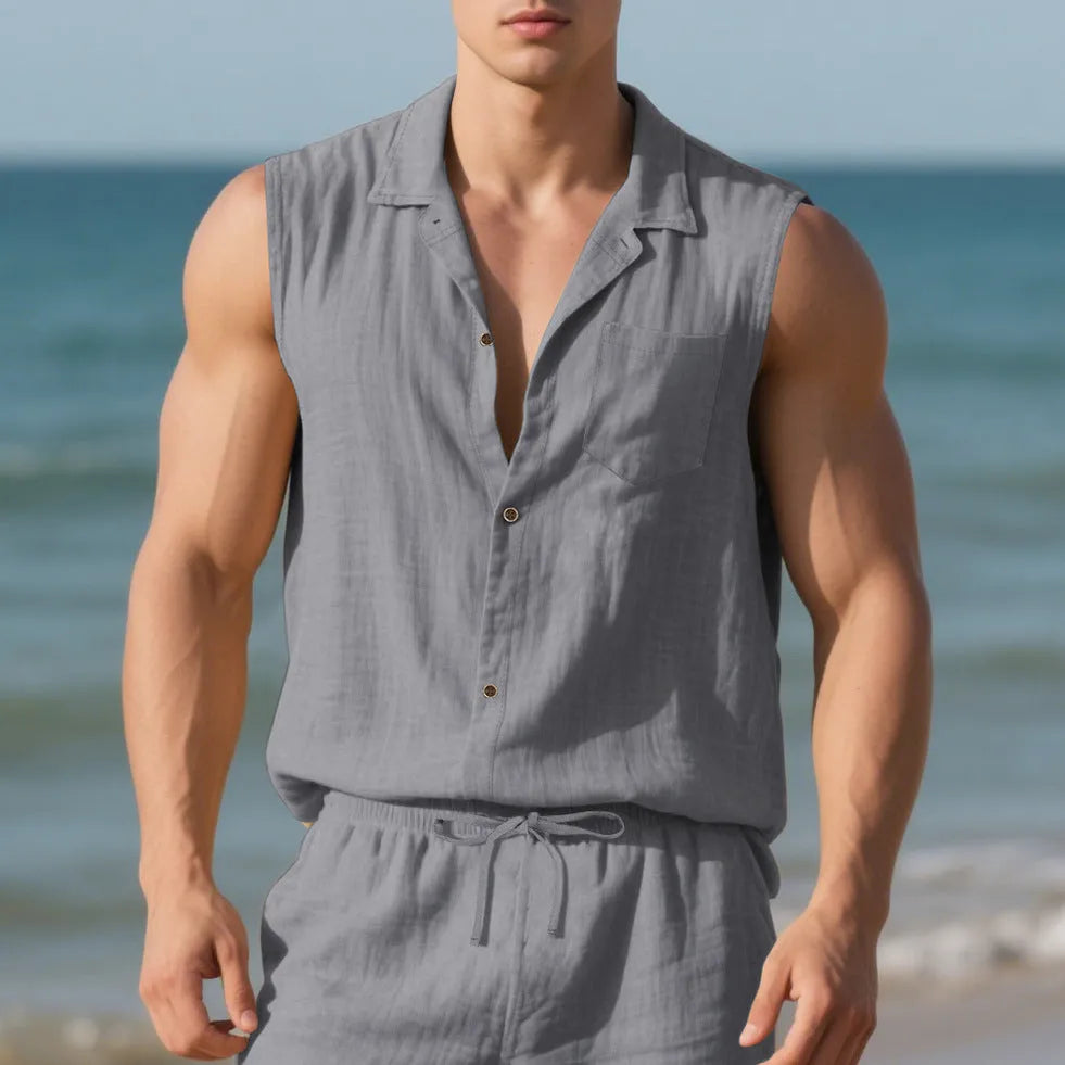 Loose-fit sleeveless linen cardigan vest with a polo collar in a solid colour on a hanger.