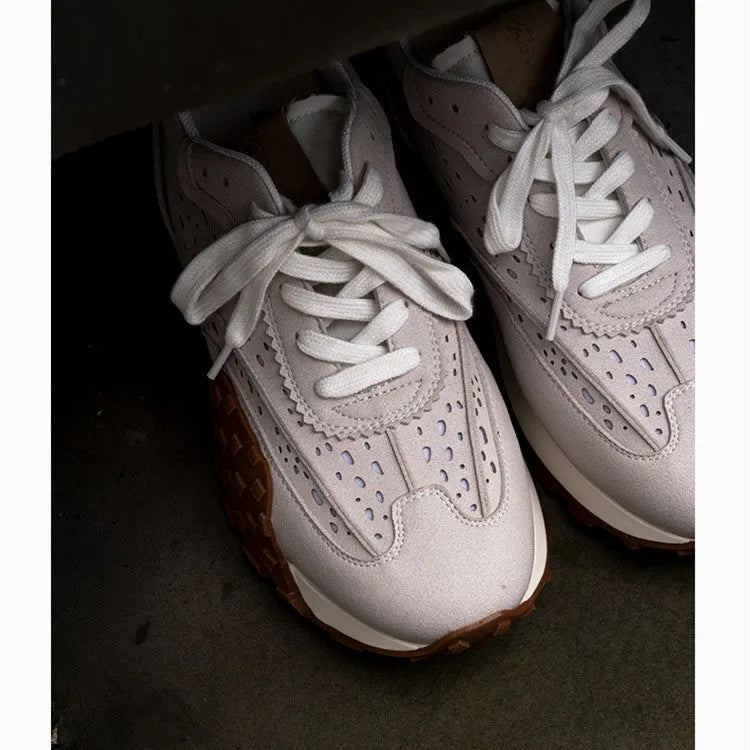 Grey retro thick-soled sneakers with non-slip rubber sole and breathable cloth microfiber leather upper