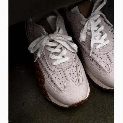 Grey retro thick-soled sneakers with non-slip rubber sole and breathable cloth microfiber leather upper
