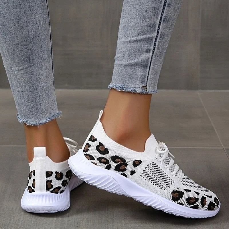 Women's leopard print lace-up sneakers with medium heel and breathable net cloth upper