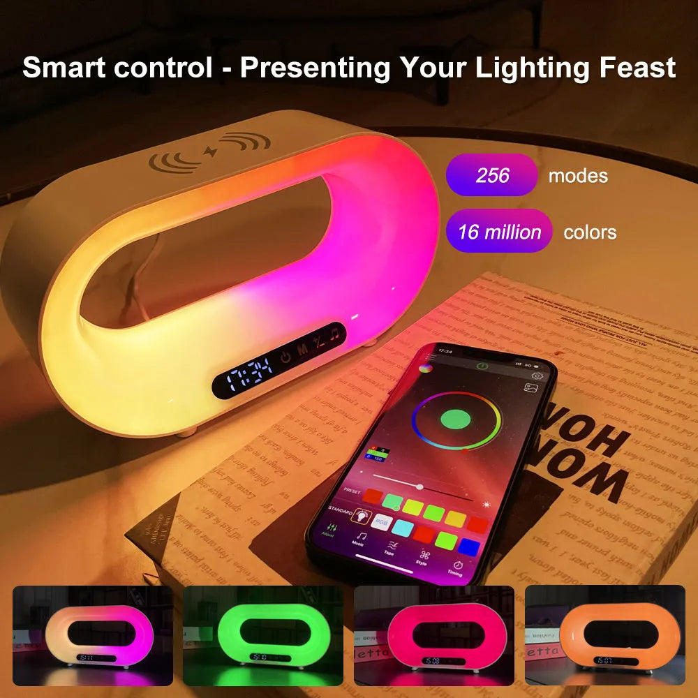 White smart bedside lamp with wireless charging pad, LED lighting, and digital alarm clock display