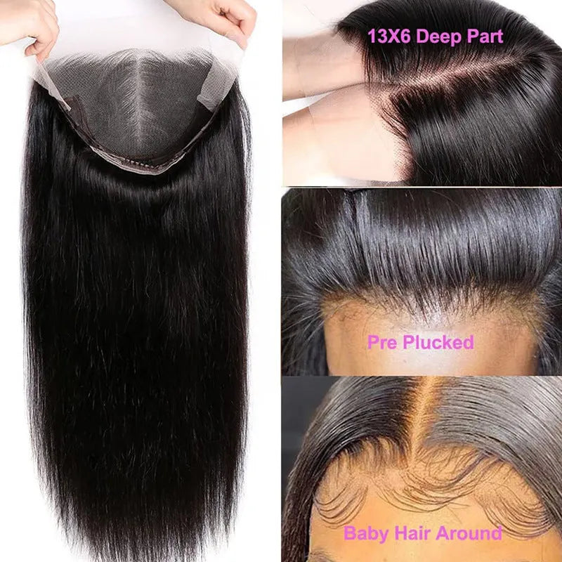Black straight human hair wig with 13x6 lace front shown at various lengths