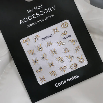 Constellation embossed nail sticker in MJ069 Gilding and MJ069 Hot Silver, ultra-thin seamless adhesive design for nail art.