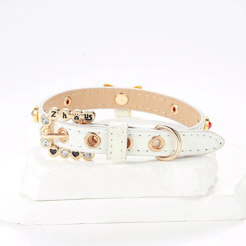 White cat collar with silver diamond alloy bow showing four size options from 26cm to 38cm length