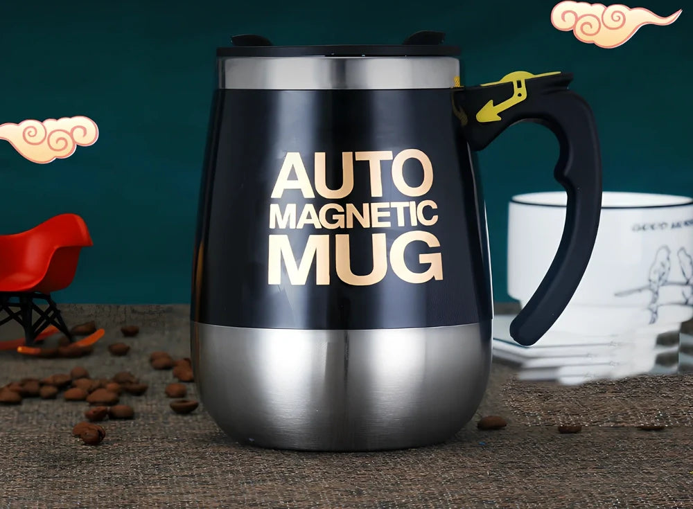 Electric stainless steel rotating mug with magnetic stirring technology and rechargeable battery in black colour