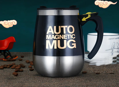 Electric stainless steel rotating mug with magnetic stirring technology and rechargeable battery in black colour