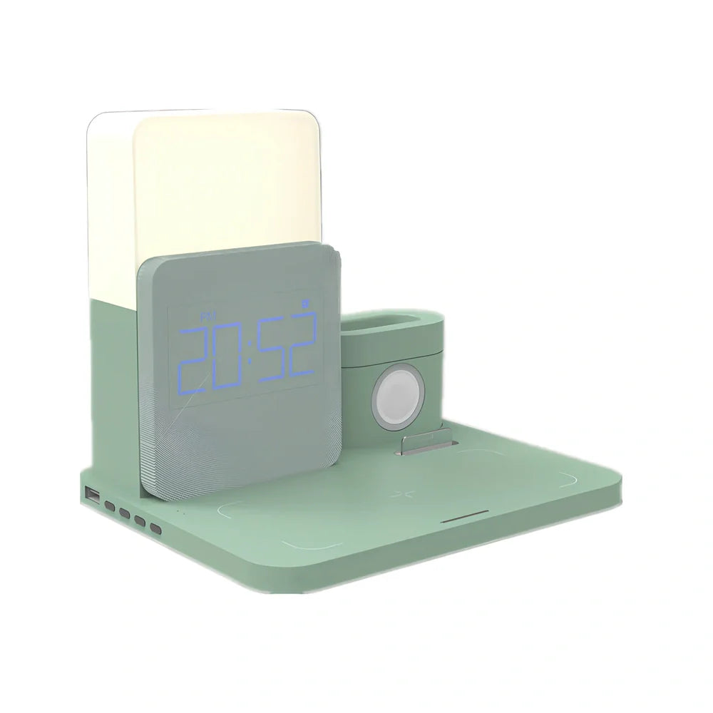 Black 3-in-1 wireless charging station with iPhone on charging pad, Apple Watch in slot, AirPods Pro charging