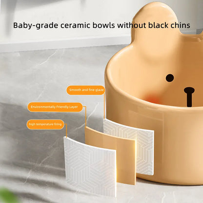 Ceramic pet feeding bowls with neck protection in white and brown animal designs