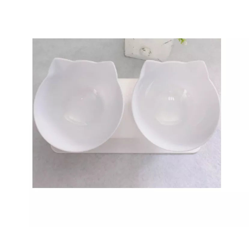 Double bowl cat food bowl with 15° tilt for cervical protection, transparent design with cute cat face