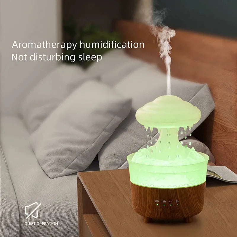 Wood grain cloud-shaped humidifier diffuser with coloured night light and water droplets