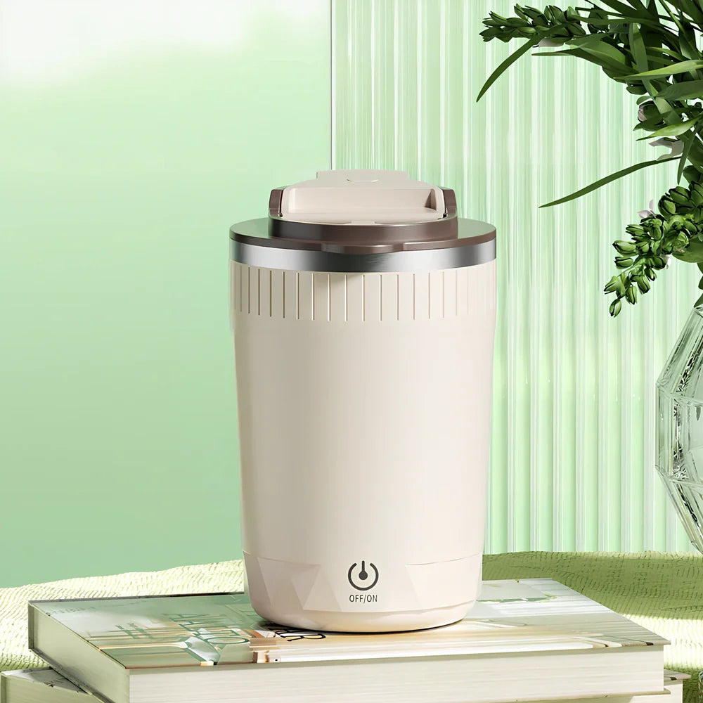 Beige auto stirring electric coffee cup, 400ml capacity, 14cm tall with USB rechargeable stirrer and insulated walls