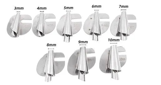 Spiral edge folder sewing hemmer with towel tube sizes from 3MM to 10MM, shown as single or set of eight