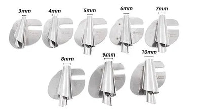 Spiral edge folder sewing hemmer with towel tube sizes from 3MM to 10MM, shown as single or set of eight