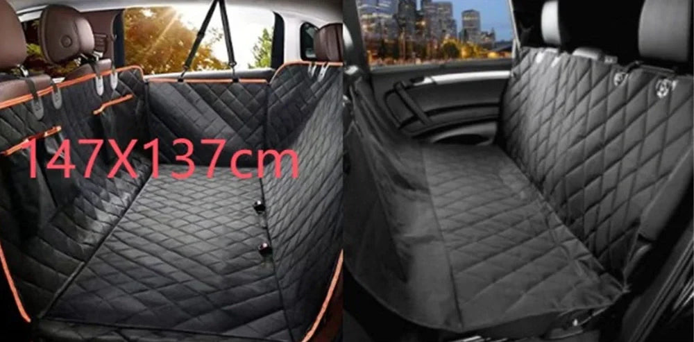 Waterproof dog car seat cover showing 137×147cm dimensions and safety exit design with car seatbelt buckle