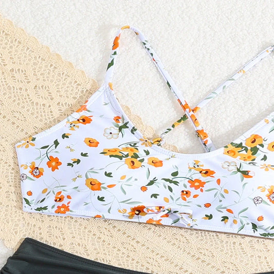 Girls floral print swimsuit with white background, cartoon patterns, and briefs style for swimming
