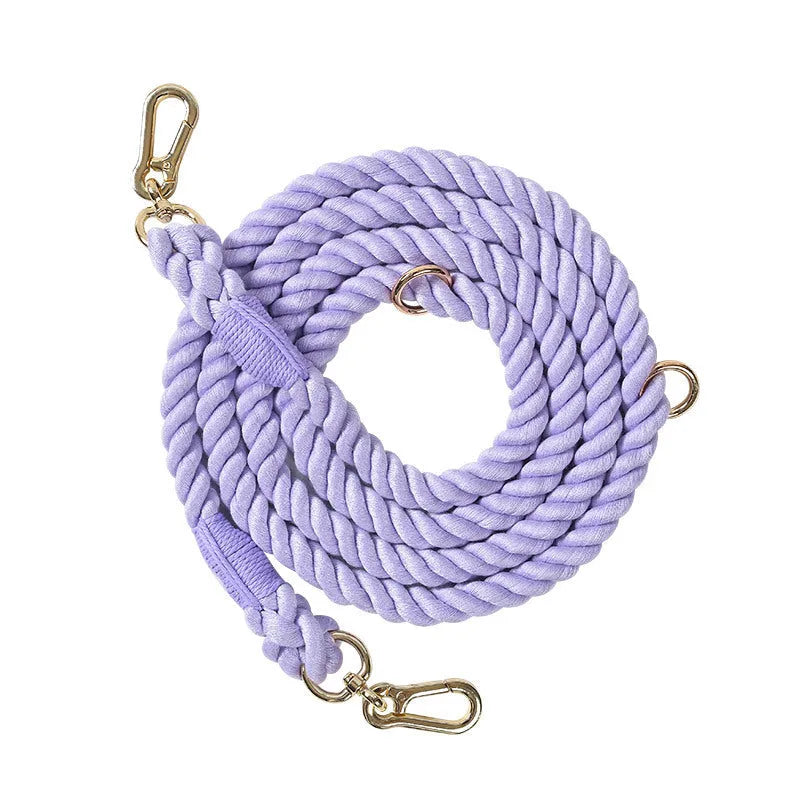 Woven rainbow pattern dog leash with double grip handles and a metal clasp.