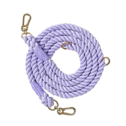 Woven rainbow pattern dog leash with double grip handles and a metal clasp.