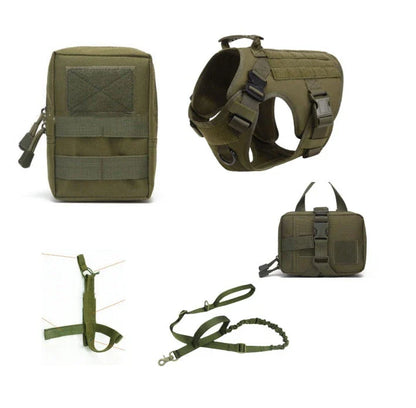 Durable tactical dog harness with reinforced top handle, multiple customizable panels, and leash set for outdoor activities and training