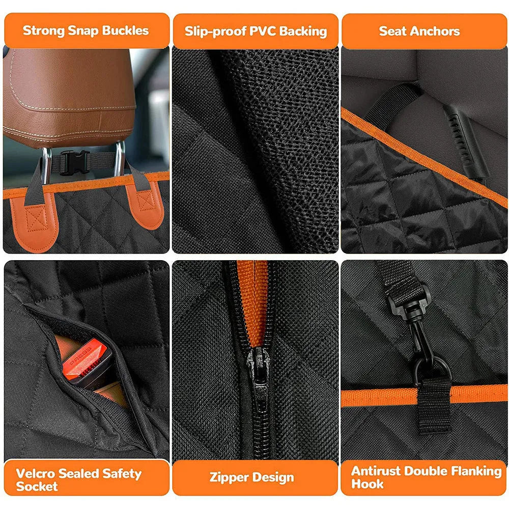 Black and orange edge waterproof dog car seat mat measuring 147x137cm with mesh window and accessory pocket