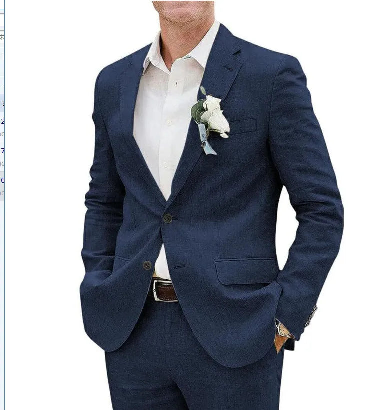 Men's beige linen blend slim fit two-piece suit for business and formal occasions