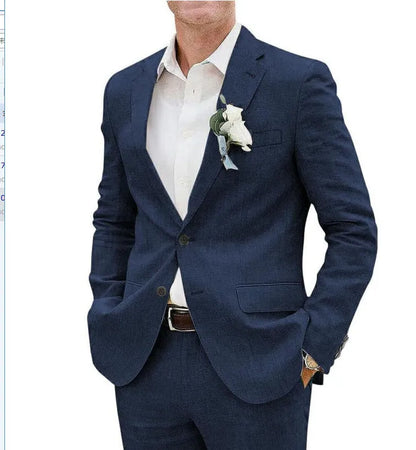 Men's beige linen blend slim fit two-piece suit for business and formal occasions