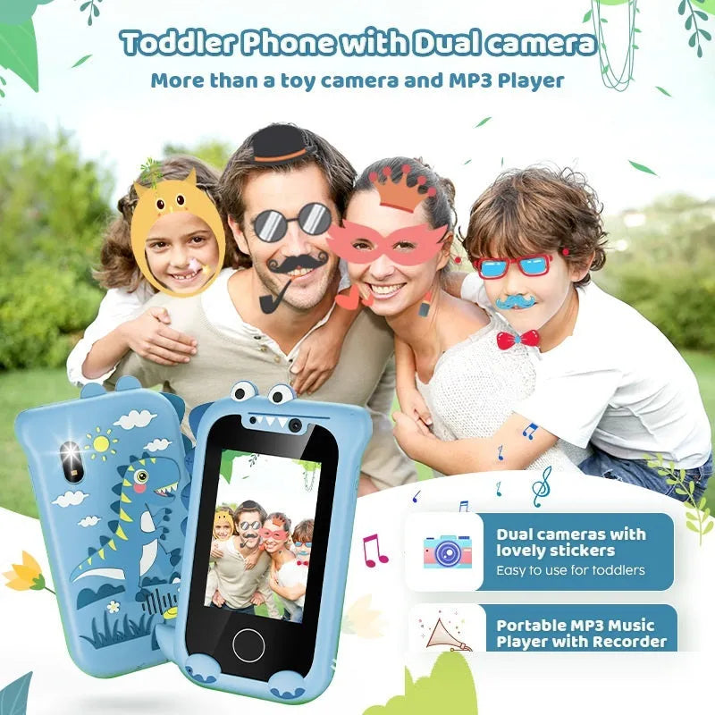 Blue silicone case children's digital camera toy with handheld mobile phone design