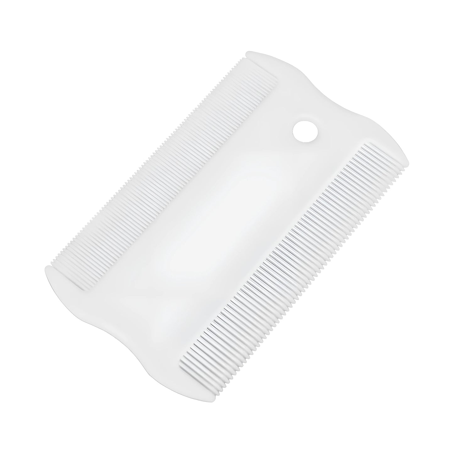 Double-sided plastic flea comb for pets showing dense teeth and 5 cm length for dog and cat grooming