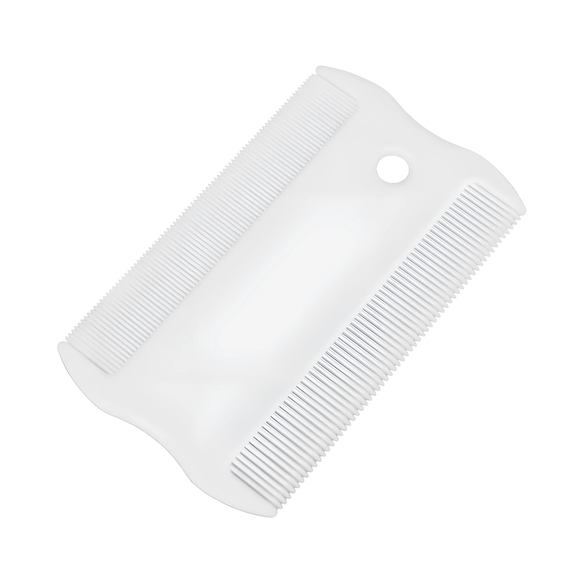 Double-sided plastic flea comb for pets showing dense teeth and 5 cm length for dog and cat grooming