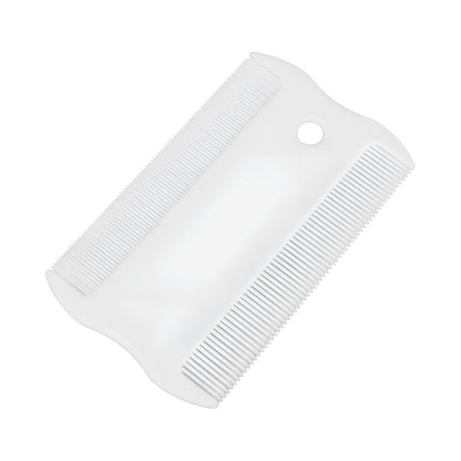 Double-sided plastic flea comb for pets showing dense teeth and 5 cm length for dog and cat grooming