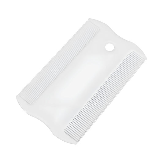 Double-sided plastic flea comb for pets showing dense teeth and 5 cm length for dog and cat grooming